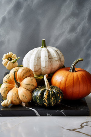 Decorative pumpkins on marble table, fall centerpiece for Thanksgiving dinner, generative AIの素材