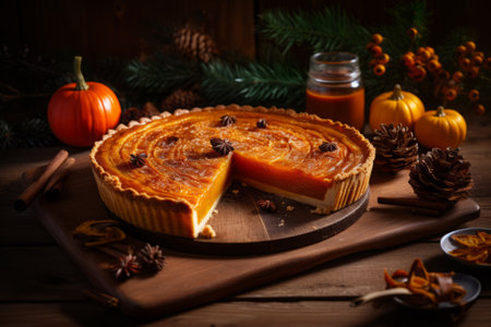 Pumpkin pie on a wooden table, traditional dessert for Thanksgiving, generative AIの素材