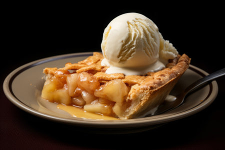 Perfect slice of apple pie with caramel topped with a scoop of ice cream in a rustic setting, generative AIの素材