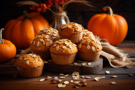 Pumpkin muffins on a wooden table homemade and freshly baked, generative AIの素材