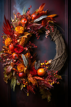 Festive Thanksgiving wreath on a door, generative AIの素材