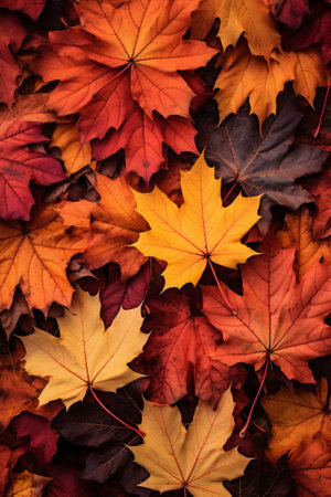 Fall leaves background with orange colorful leaves filling ebtire frame, fall concept, generative AIの素材