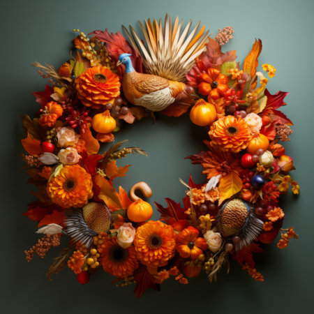 Festive Thanksgiving wreath on a door, generative AIの素材