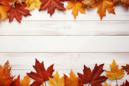 Fall leaves border on light wooden surface, fall background, generative AIの素材