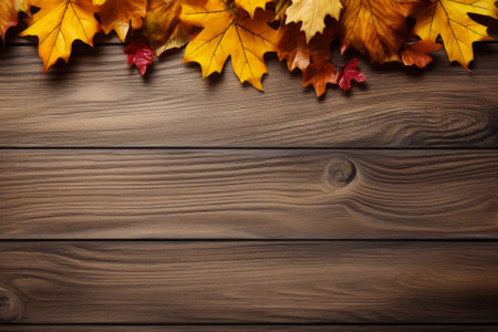 Fall leaves border on dark wooden surface, fall background, generative AIの素材