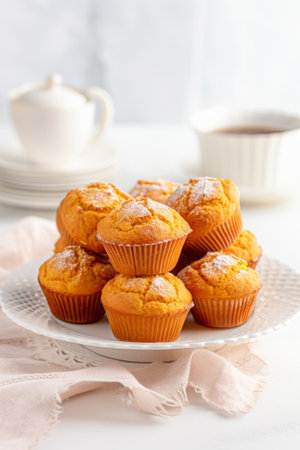 Pumpkin muffins on a white table homemade and freshly baked, generative AIの素材