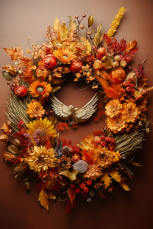Festive Thanksgiving wreath on a door, generative AIの素材