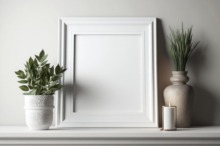 Empty frame on a white mantle with plants, blank mock up for art , generative AIの素材