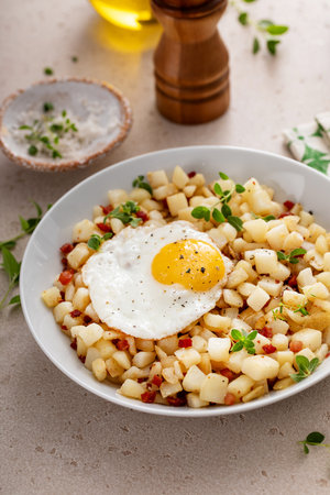 Potato hash with pancetta topped with a fried egg and fresh herbsの写真素材