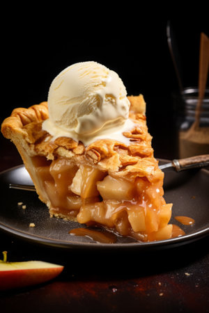 Perfect slice of apple pie with caramel topped with a scoop of ice cream in a rustic setting, generative AIの素材