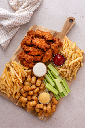 Fried chicken strips and french fries board with sauces and celery, fast food snack board ideaの写真素材