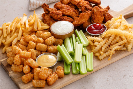 Fried chicken strips and french fries board with sauces and celery, fast food snack board ideaの写真素材