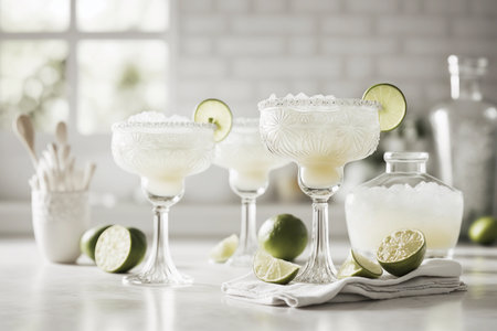 Frozen margaritas in traditional glasses on countertop in a white kitchen, generative AIの素材