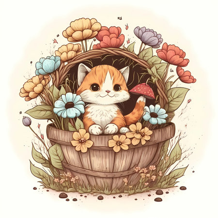 Cute baby kitten sitting in a basket surrounded by flowers, watercolor illustration, generative aiの素材