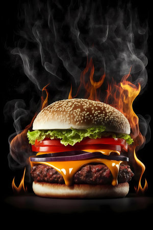 Perfectly grilled burger with melting cheese, tomato and lettuce on black background with flames and smoke, generative aiの素材