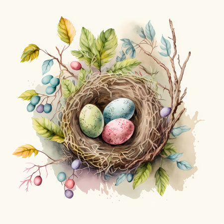 Decorative nest with colored Easter eggs, watercolor illustration, generative aiの素材