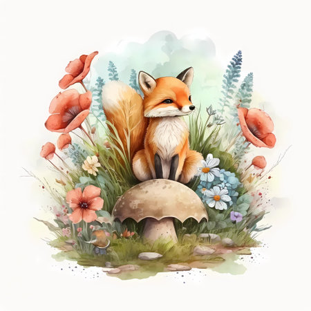 Cute baby fox sitting on a mushroom surrounded by flowers, watercolor illustration, generative aiの素材