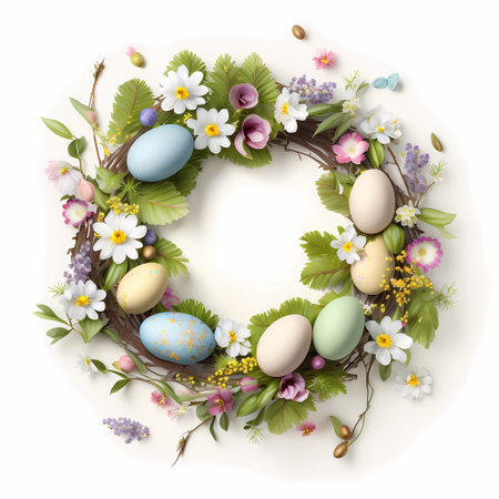 Easter wreath with colored eggs on white background, Easter card illustration, generative aiの素材