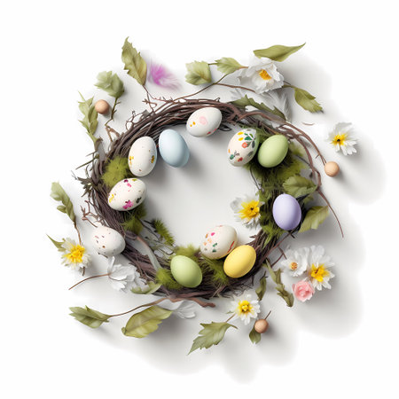 Easter wreath with colored eggs on white background, Easter card illustration, generative aiの素材