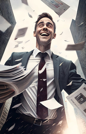 Happy young professional, office worker throwing papers in the air, concept of resignation, early retirement, excitement at work place, generative aiの素材
