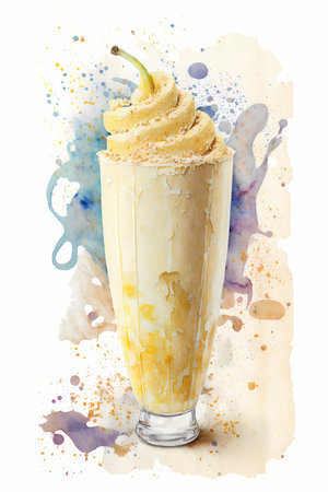 Banana smoothie on white background, watercolor style illustration, generative AIの素材