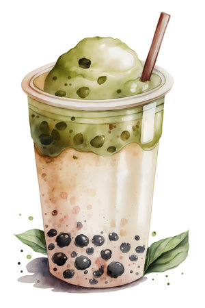 Matcha bubble milk tea or boba tea in a tall glass, watercolor style illustration, generative AIの素材