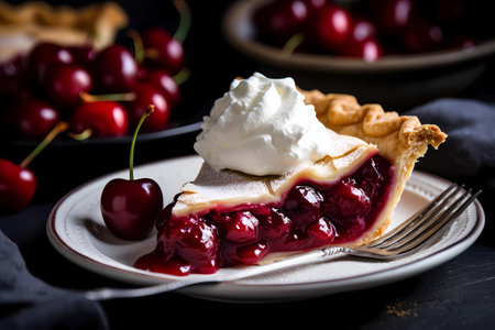 Slice of cherry pie topped with a scoop of ice cream on a sunny day near a window, wooden table, generative AIの素材