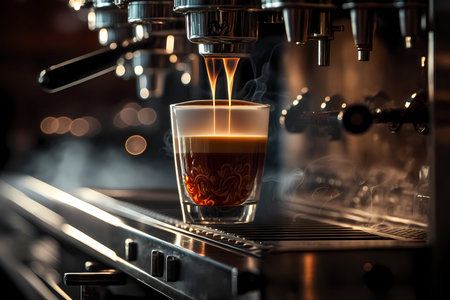 Cup of coffee being filled with hot espresso with thick crema and steam coming out, generative AIの素材