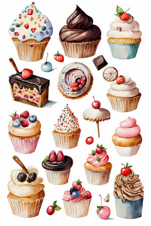 Variety of desserts and pastries illustrations with cupcakes and ice creams, generative AIの素材