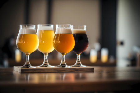 Flight of beer for tasting on a wooden bar counter with a blurred background, generative AIの素材