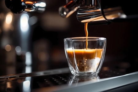 Cup of coffee being filled with hot espresso with thick crema and steam coming out, generative AIの素材