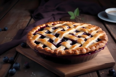 Blueberry pie whole on a wooden board, freshly baked summer berry dessert, generative AIの素材