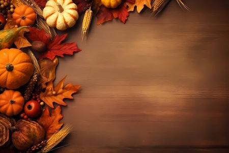 Fall background for Thanksgiving with orange pumpkins and fall leaves on a wooden table, generative AIの素材