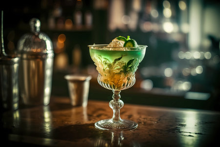 Fantasy tropical colorful cocktail in a glass on a bar counter with a blurred bar background, original cocktail idea, generative AIの素材