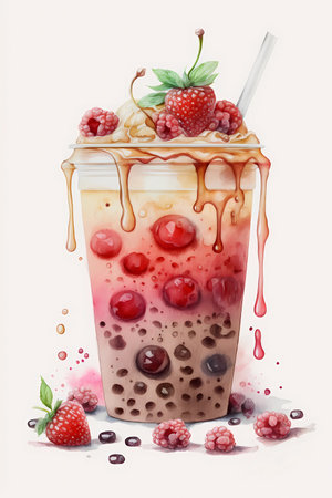 Raspberry boba tea in a cup with a straw on white background, watercolor illustration, generative AIの素材