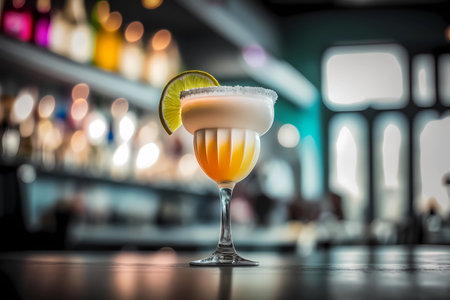 Tropical daiquiri in an original glass on a bar counter with a blurred bar background, generative AIの素材