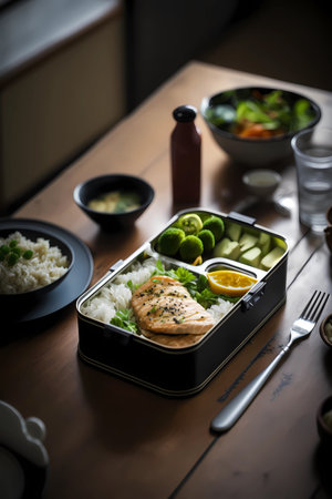 Bento lunch box on a wooden table with chicken, rice and broccoli, generative AIの素材