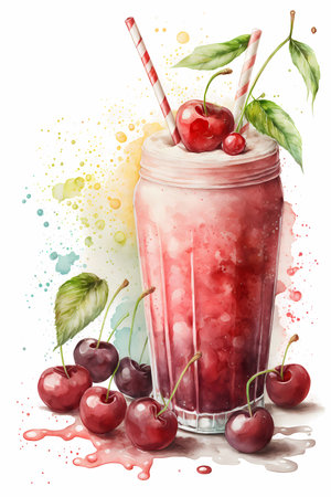 Cherry smoothie in a tall glass with a straw, watercolor style illustration, generative AIの素材