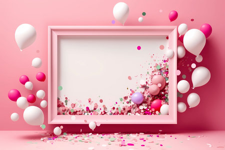 Bright pink background with a pink frame with confetti and pink and white balloons, copy space, generative AIの素材