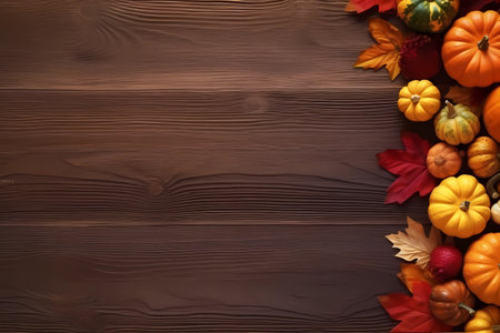 Fall background for Thanksgiving with orange pumpkins and fall leaves on a wooden table, generative AIの素材