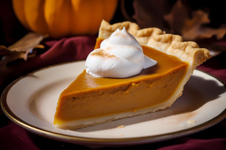 Slice of traditional pumkin pie on the table with a dollop of whipped cream, generative AIの素材