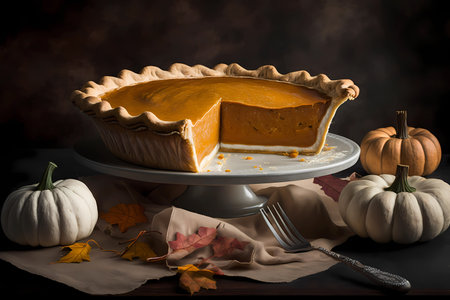 Traditional pumpkin pie on a cake stand with little pumpkins around in a rustic setting, generative AIの素材