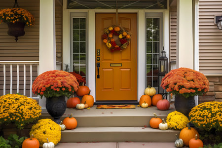 Cute and cozy cottage house with fall Thanksgiving decorations, pumpkins on the front porch and a wreath, generative AIの素材