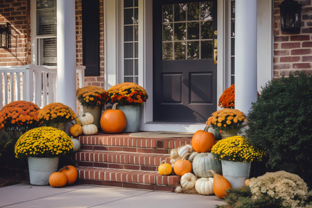 Cute and cozy cottage house with fall Thanksgiving decorations, pumpkins on the front porch and a wreath, generative AIの素材