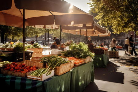 Farmers market stall on a sunny day with fruits and vegetables in crates, generative AIの素材