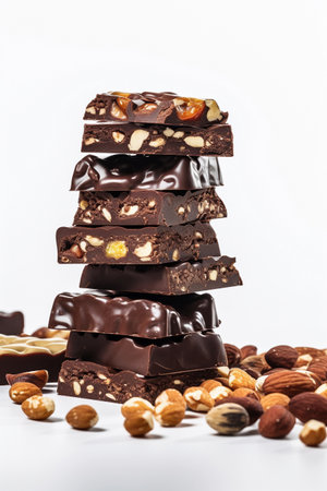 Chocolate bars of different flavors in a tall stack on white background, generative AIの素材
