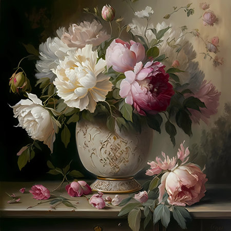 Bouquet of peonies in the style of old Dutch oil painting, generative AIの素材