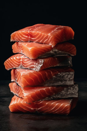 Raw salmon fillets stacked high on black background, generative AIの素材