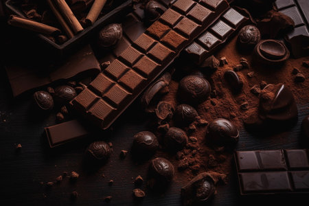 Chocolate background with chocolate bars, chips and cocoa powder, overhead view, generative AIの素材