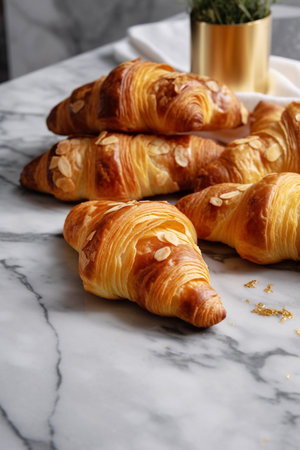 Freshly baked flaky golden croissants on a marble surface, generative AIの素材
